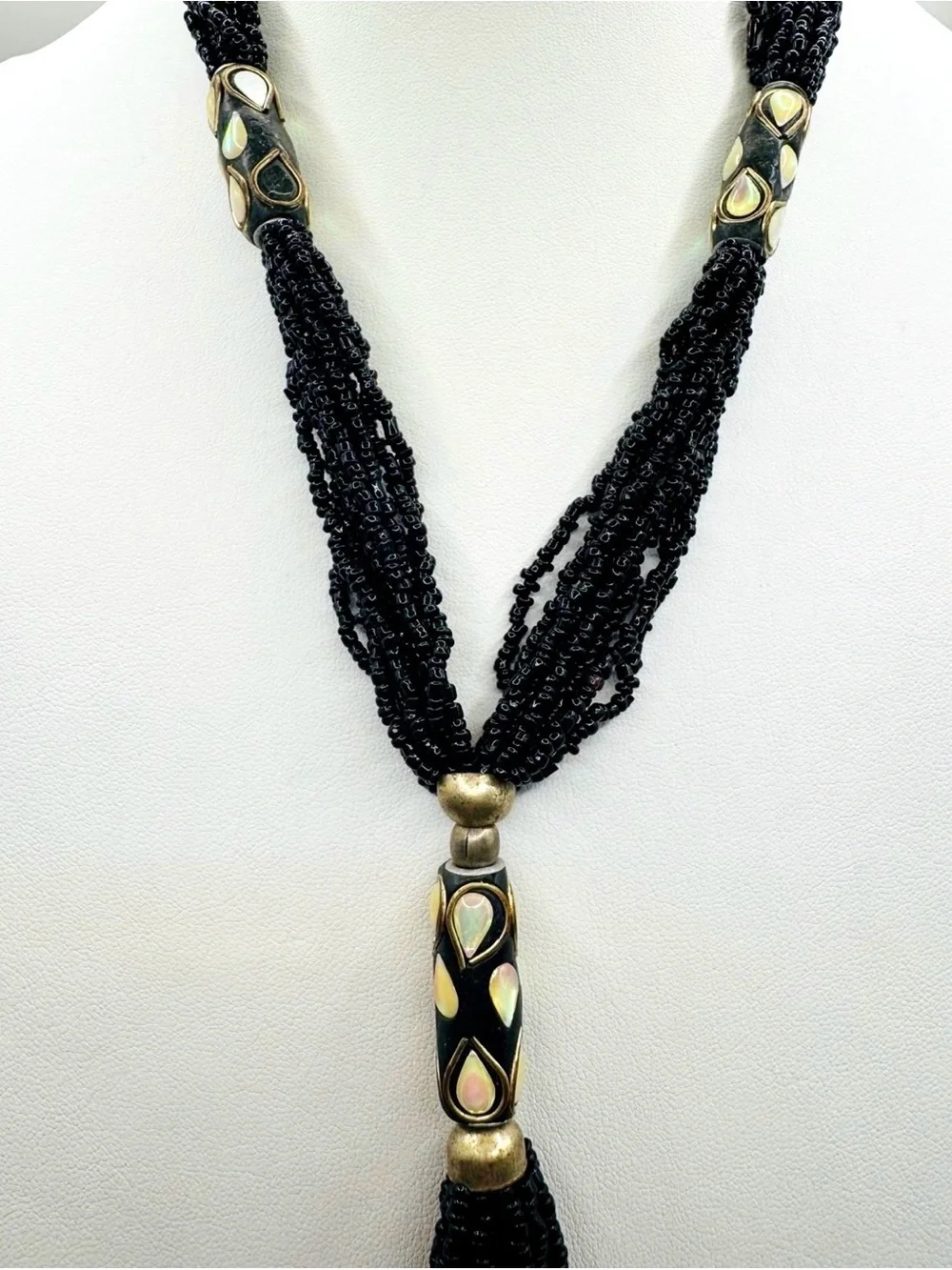 Vintage Ethnic Multi-Strand Black Seed Bead Tassel Necklace- Tribal Inlaid Bone